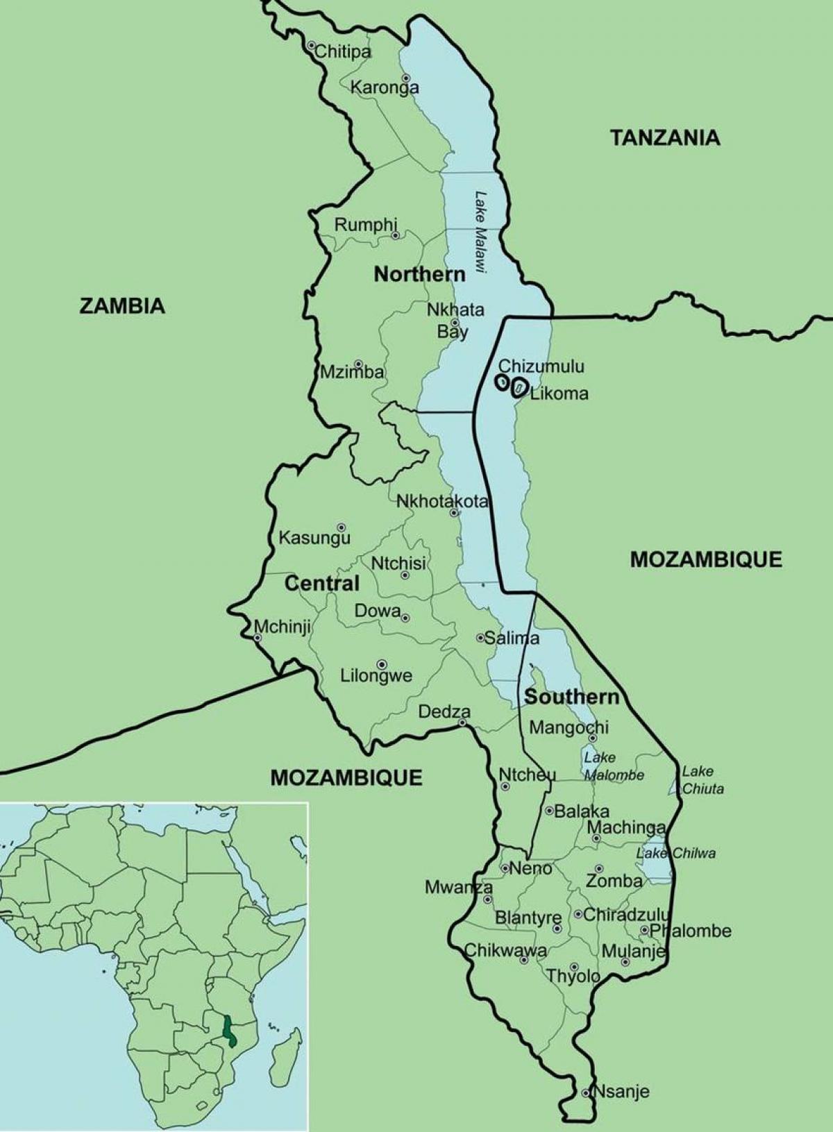 Malavi haritası ilçeleri gösteren 